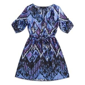 Charlie Jade Silk Dress Womens Medium Blue Purple Ikat Print Roll Tab Boho Shift